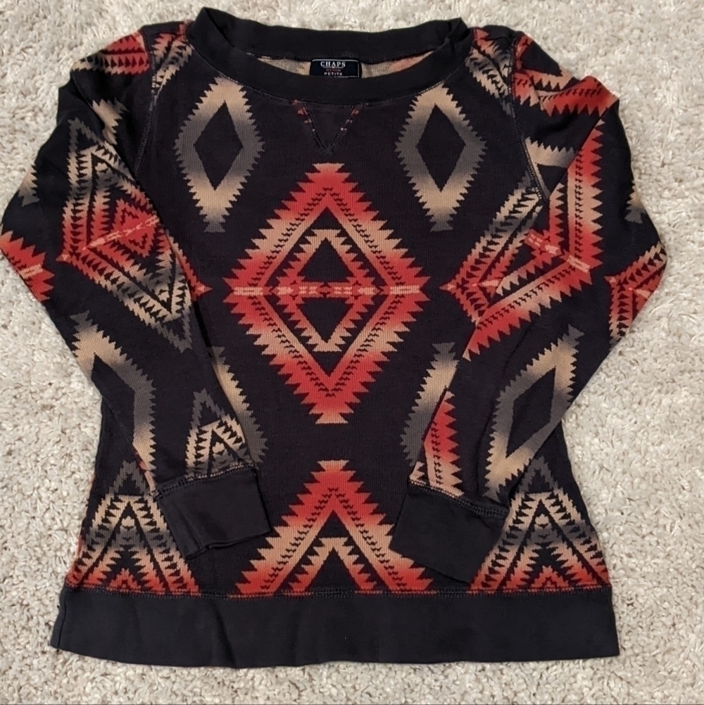 Chaps Denim Cotton Thermal Long Sleeve Top Petite Large  Southwest Waffle Weave